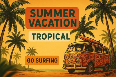 Tropical Summer Vacation Themed Graphic with Surfing Van
