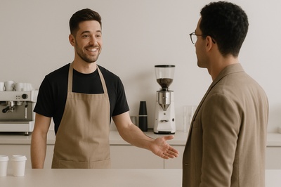 Barista Welcomes New Customer in Modern Cafe