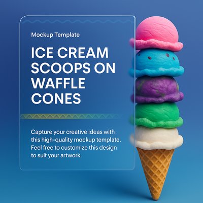 Colorful Ice Cream Scoops on Waffle Cone Mockup