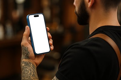 Tattooed Barber Holding Blue Phone in Dynamic Shot