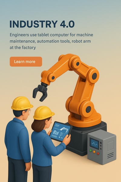 Industry 4.0 Robot Concept with Engineers and Automation Tools