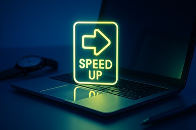 Stylish Realism: Neon 'Speed Up' Sign Illuminating a Laptop