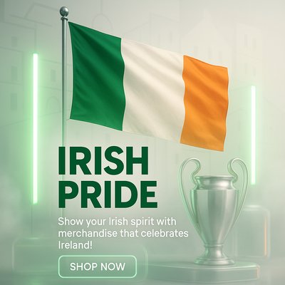 Promotional Image for Irish Merchandise Featuring Flag and Trophy