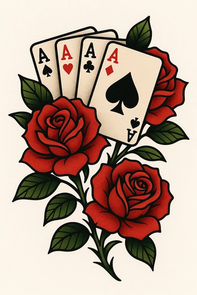 Stylized Tattoo Design Featuring Playing Cards and Roses