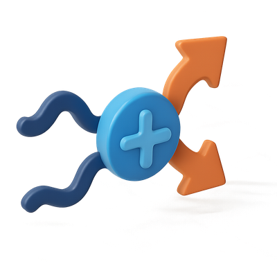 3D Diverging Arrows Icon with Wavy Line and Plus Sign