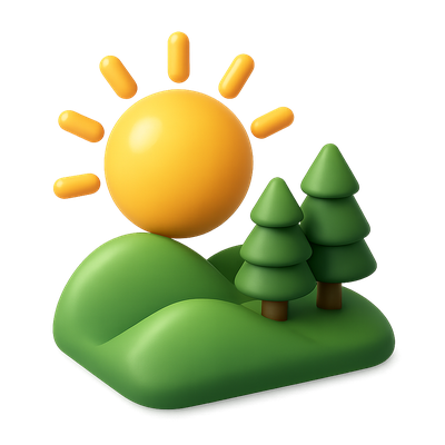 Isometric 3D Sun Icon Over Green Hills and Trees
