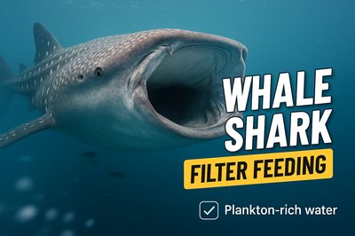 Whale Shark Underwater Feeding Scene with Informative Overlay