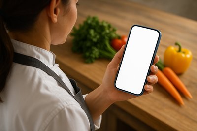 Chef Holding a Phone in a Kitchen Setting