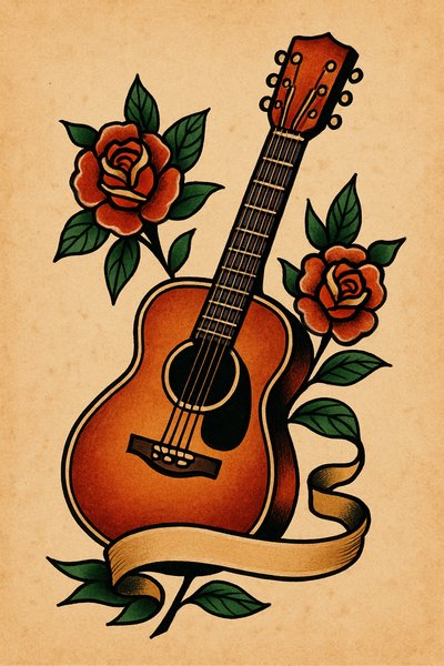 Vintage Acoustic Guitar with Roses Art