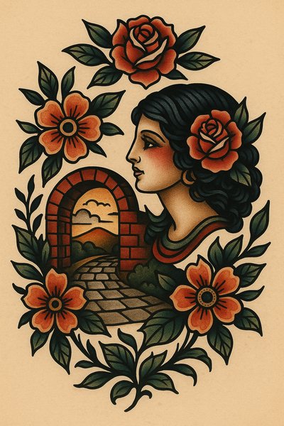Artistic portrait with floral elements and a scenic arch
