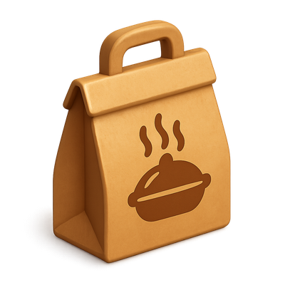 3D Takeout Bag Icon with Steaming Dish Design