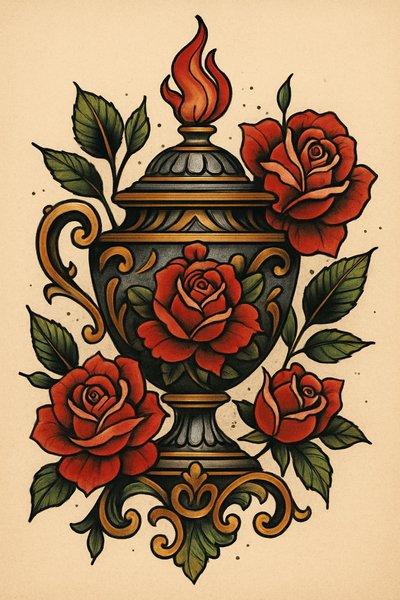 Vintage-style tattoo design featuring roses and a decorative urn