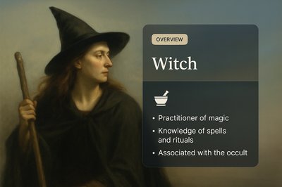 Enigmatic Witch Illustration with Informative Overlay