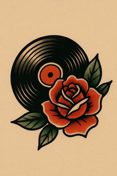 Stylized vinyl record with a rose illustration