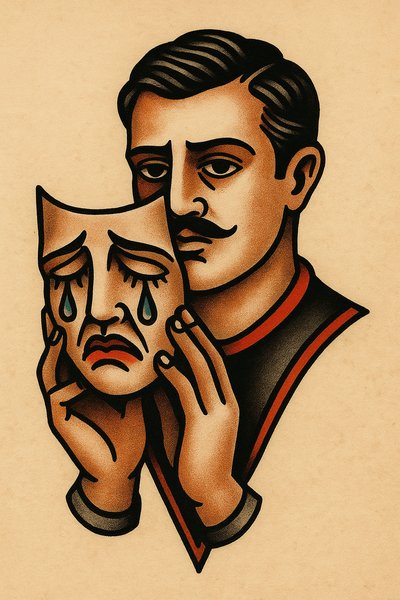Man Holding a Crying Mask Tattoo Illustration