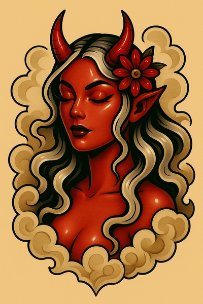Stylized Demon Girl Portrait with Horns and Flower