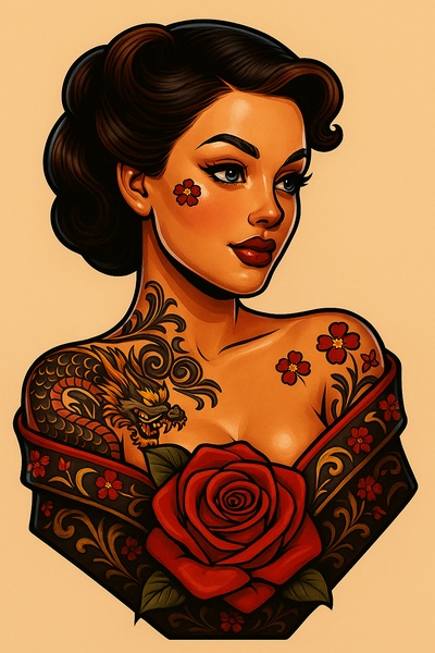 Glossy Pin-Up Portrait in Tattoo Style
