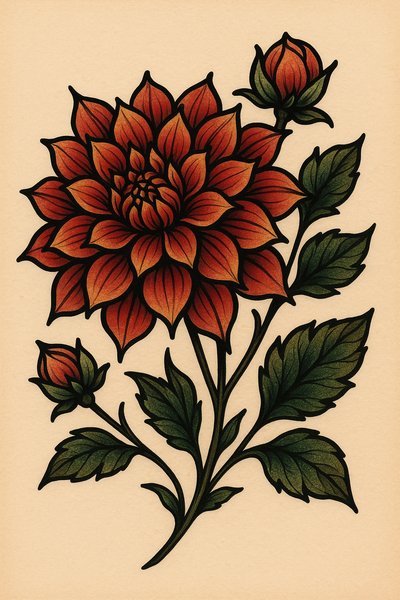 Vibrant Floral Illustration of a Dahlia with Buds