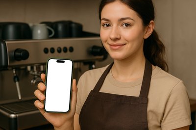 Barista Holding a Phone at Coffee Machine