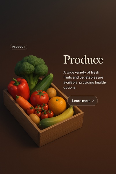 Fresh Produce Display in a 3D Scene with Text Elements