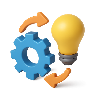 3D Gear and Bulb Icon with Arrows in Isometric View