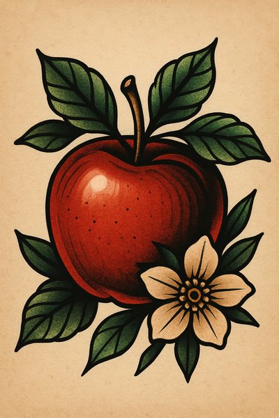Stylized Red Apple with Leaves and Flower Illustration