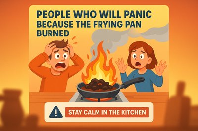Humorous Illustration of Kitchen Panic with Fire Hazard