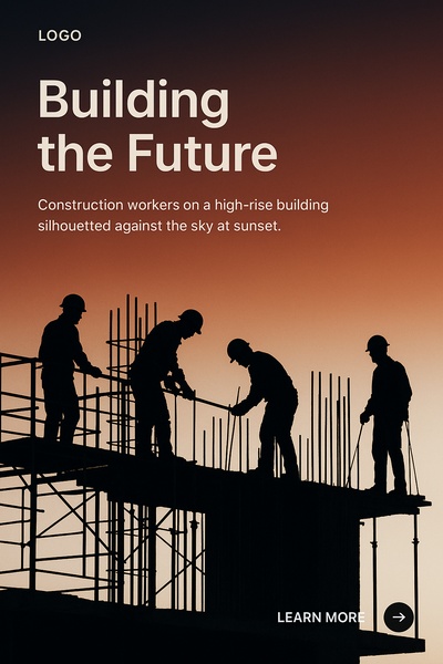 Silhouette of Construction Workers at Sunset on High Rise