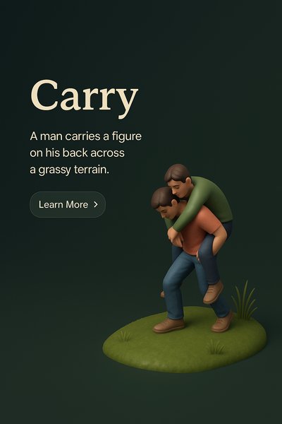 3D Scene of a Man Carrying Another on Grassy Terrain