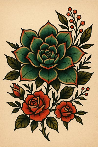 Vibrant Floral Tattoo Design Featuring Succulents and Roses