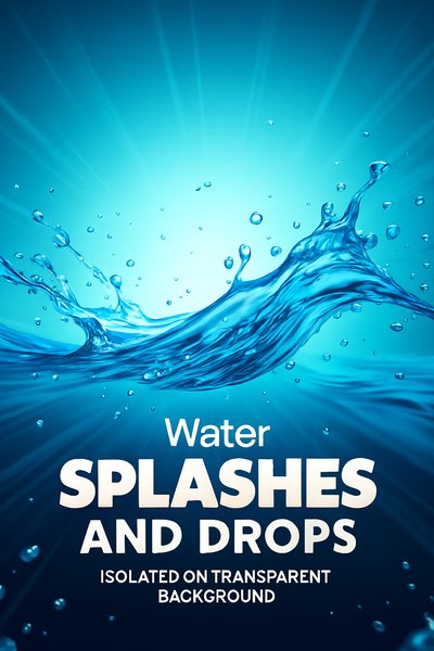 Dynamic Water Splashes and Drops on Blue Background