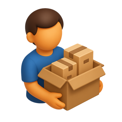 3D Package Icon Featuring Person with Box and Packages