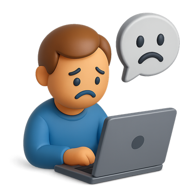 Sad Laptop Icon with 3D Character and Speech Bubble