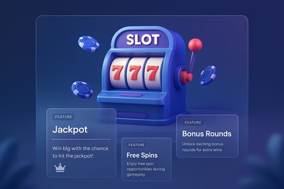 3D Slot Machine Illustration with Feature Highlights