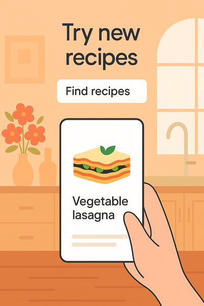 Recipe Discovery App Interface with Vegetable Lasagna