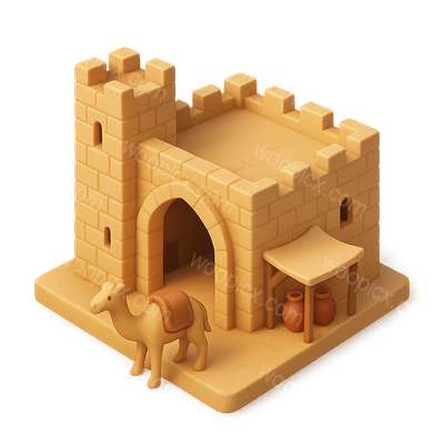 Stylized 3D Caravanserai Icon with Camel and Pots