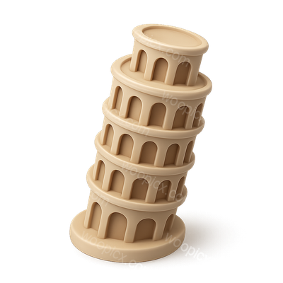 Stylized 3D Leaning Tower Icon with Isometric Design