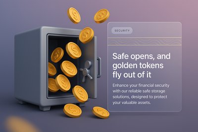 Golden Tokens Fly Out of Open Safe in 3D Illustration