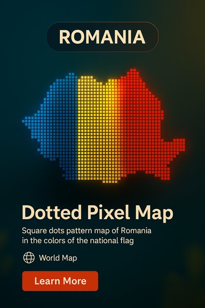 Dotted Pixel Map of Romania in National Flag Colors