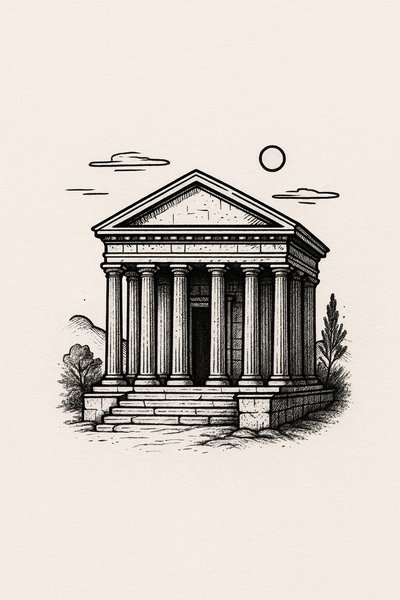 Illustration of a Classical Temple with Columns and Sun