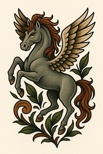 Stylized Pegasus Illustration with Decorative Elements