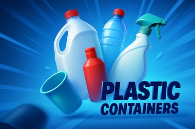 Dynamic 3D Illustration of Plastic Containers and Bottles