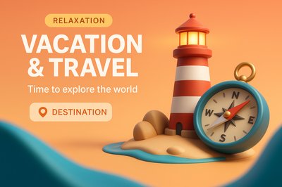 3D Vacation and Travel Concept with Lighthouse and Compass