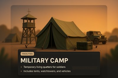 3D Military Camp Illustration with Facilities Overview