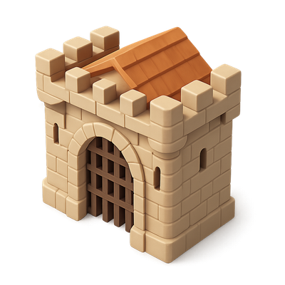 Stylized 3D Gatehouse Defense Icon with Isometric View