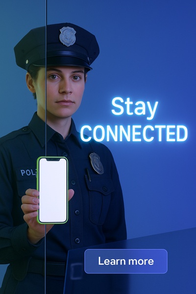 Policewoman Holding a Glowing Phone in Stylish Shadow Composition