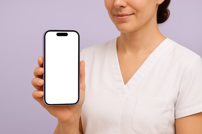 Relaxed Woman Holding a Purple Phone with Blank Screen