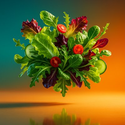Dynamic Mixed Green Salad Still Life in Realism Style