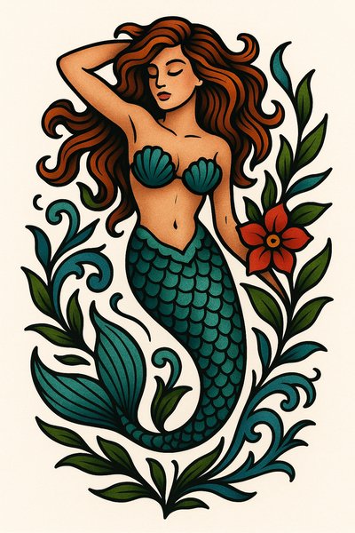 Vibrant Mermaid Illustration with Floral Elements