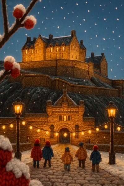 Knitted Edinburgh Castle in a Cozy Winter Scene